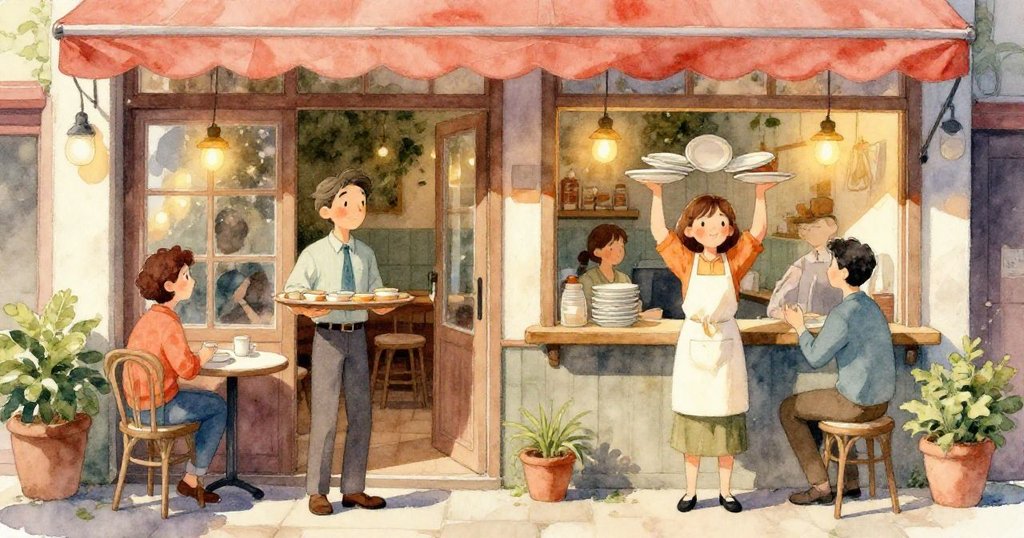 買家於隱蔽櫃台前耐心等待，餐廳角落細節豐富，環境充滿溫暖與淡雅神秘感，動作沉穩。