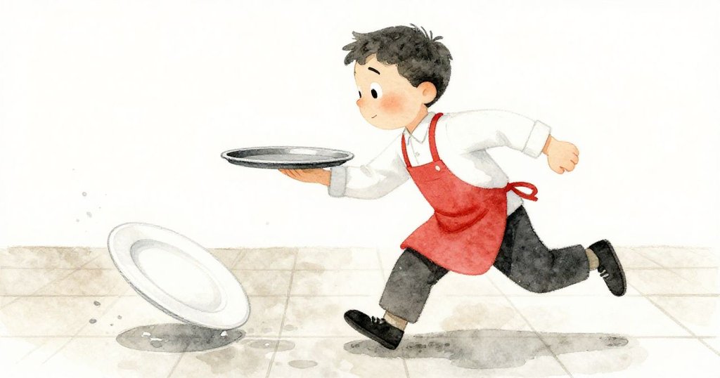 Tom急速跨步於濕滑瓷磚上，一手穩住即將落下的盤子，托盤輕搖呈現緊急時刻，表情集中而溫柔。