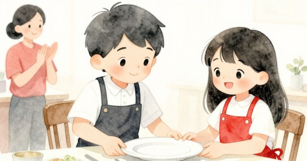 Tom與Mia協作擺盤成功，顧客輕拍鼓掌慶祝，湯碗蒸氣瀰漫，餐廳內溫馨平和氛圍濃厚，表情幸福滿足。