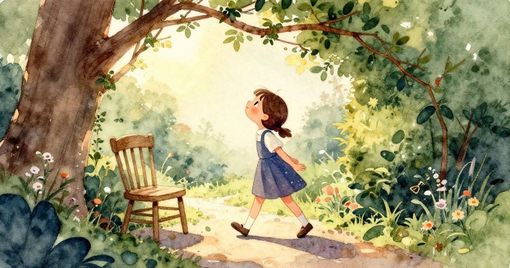 Lily輕快步伐走在石板小路上,足跡清晰可見,木椅與低垂樹枝陪伴著她,環境充滿溫暖陽光。