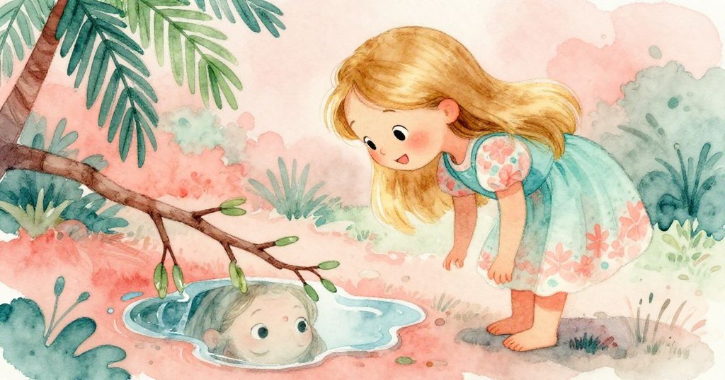 Lily低頭凝視水坑映像,驚喜地觀察倒影中的自己與棕色樹枝,表情流露出好奇與期待。