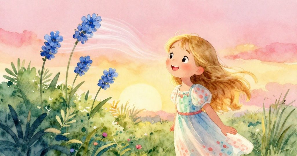 Lily轉身面對微風吹拂的灌木,藍花輕輕搖曳,周遭夕陽光影流動,表情透露著溫柔與感動。