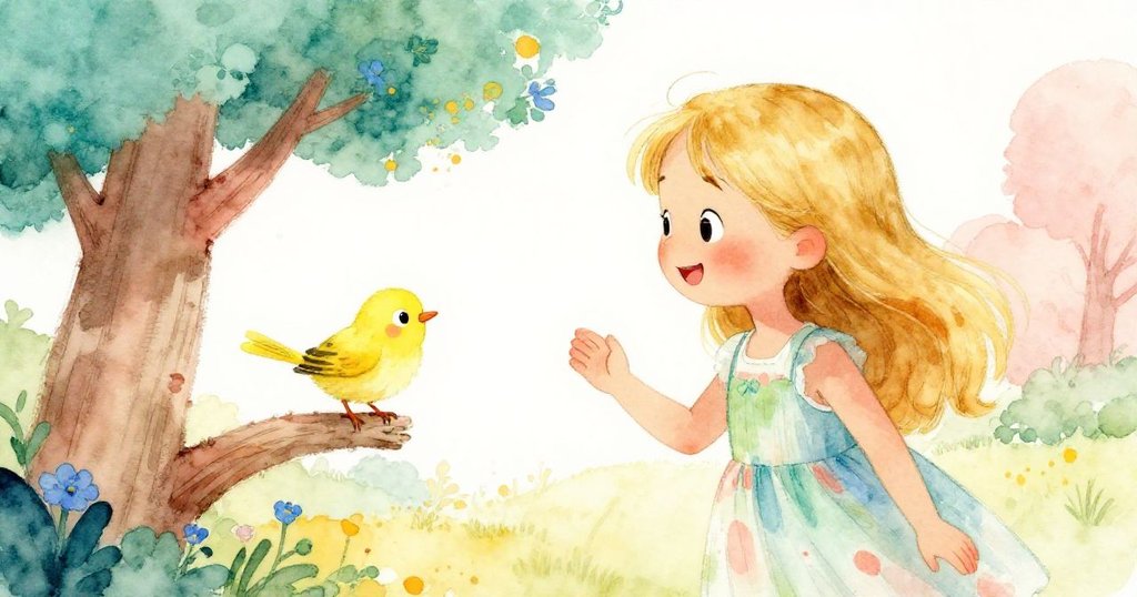 Lily回望起點驚喜遇見黃色小鳥,小鳥從灌木中跳出歌唱,兩者互動展露溫暖友善情感。