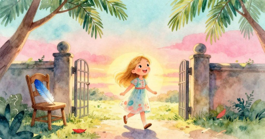 Lily在夕陽餘暉下穿越花園,木椅上藍羽毛閃耀,低樹枝和紅葉點綴,神情堅定且溫柔。