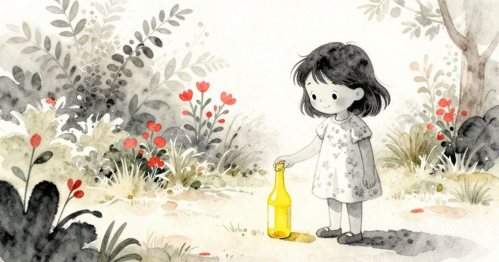 米婭在溫暖陽光下的花園中,以剪影方式出現,發現閃耀的黃色瓶子,透露出好奇與期待的情感。