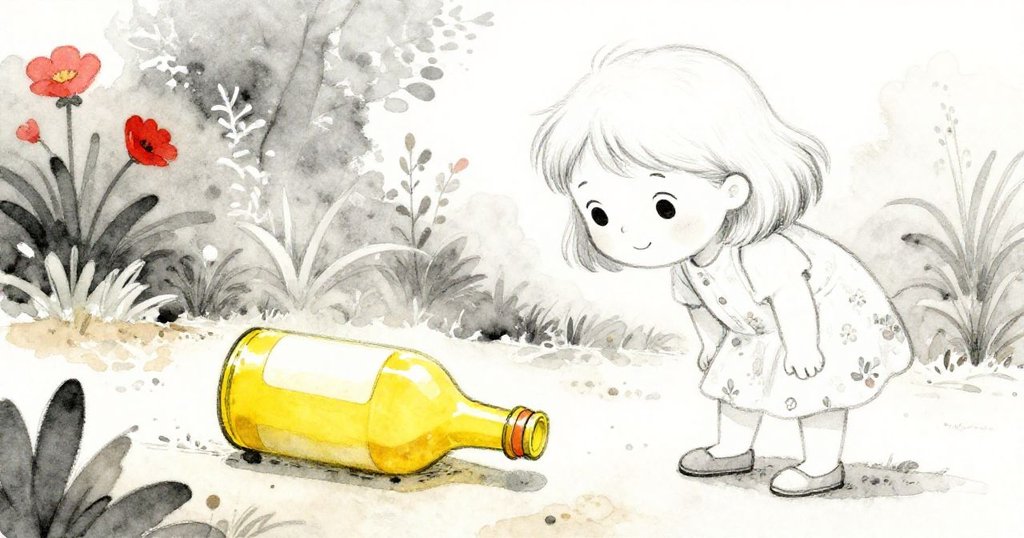 米婭仔細觀察花園小徑上滾動的黃色瓶子,瓶子象徵冒險,情緒充滿好奇與探索。