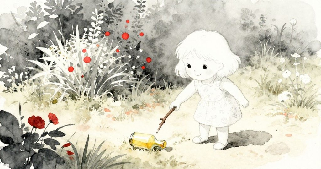 從高處俯瞰,米婭拿起短棍子企圖觸碰滾動的黃色瓶子,展現努力與挑戰的情感。