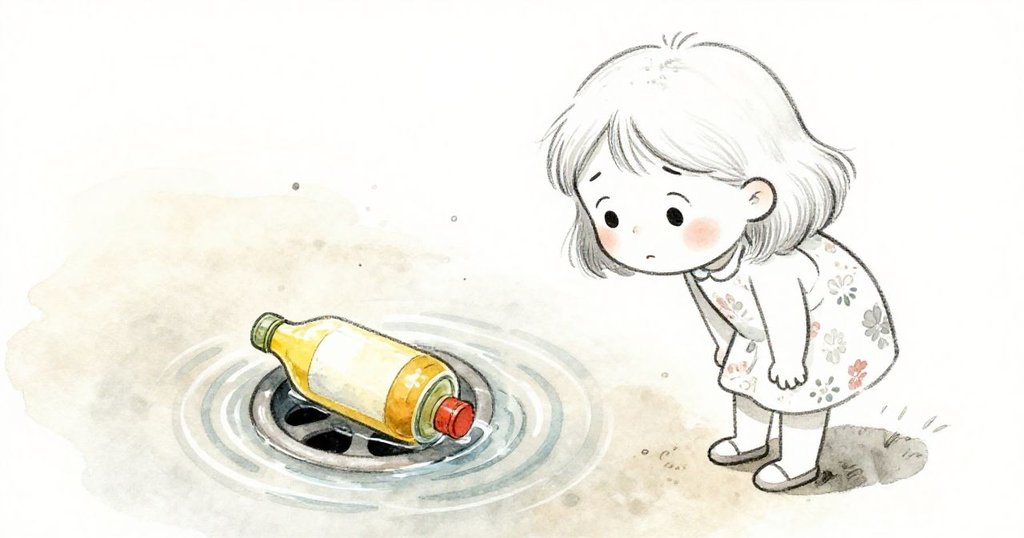 米婭彎腰注視充滿水的下水道,水中隱現黃色瓶子,她表情中流露出既擔心又好奇的神情。