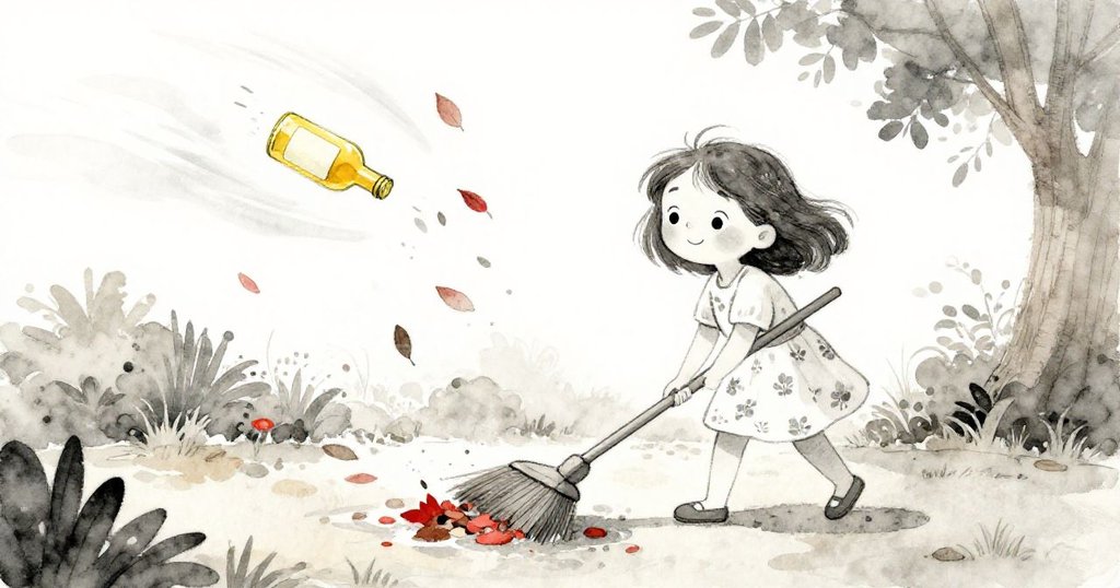 米婭充滿活力地揮舞長掃帚,推動濕潤落葉隨風旋轉,而黃色瓶子則在狂風中繼續滾動,場面動感十足。