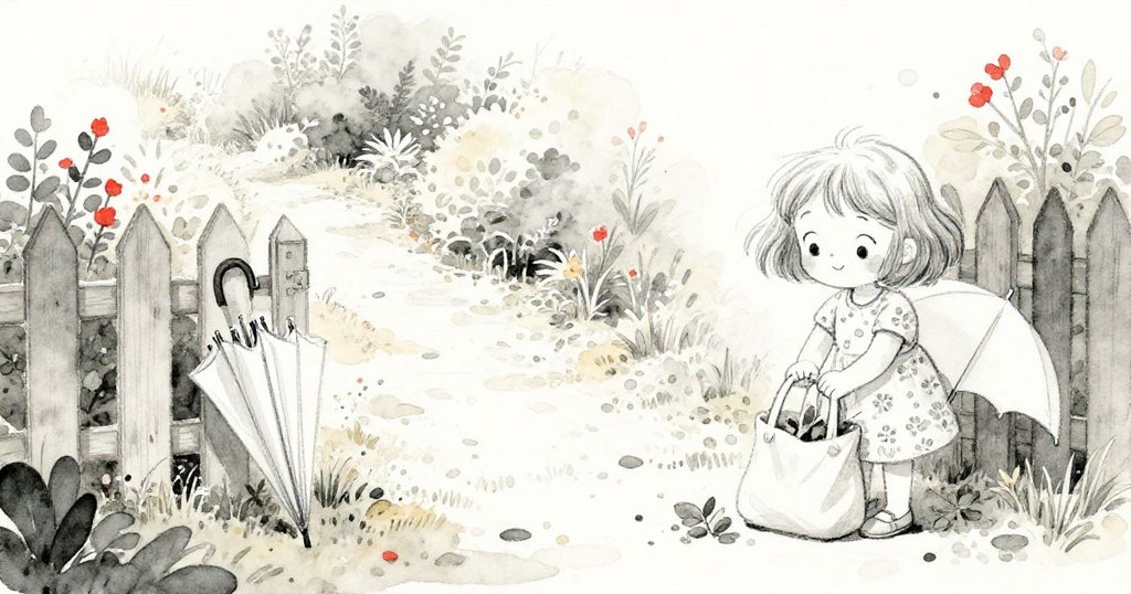 米婭滿懷希望地收集落葉放入乾淨袋子,旁邊傘子靠在籬笆上,背景展示開闊花園小徑,流露溫暖安定情感。