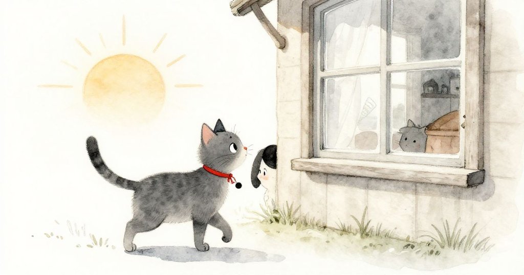 米洛在溫暖晨光中輕步前行，走向一扇大窗戶，眼神充滿期待，環境散發溫馨家的氣息。