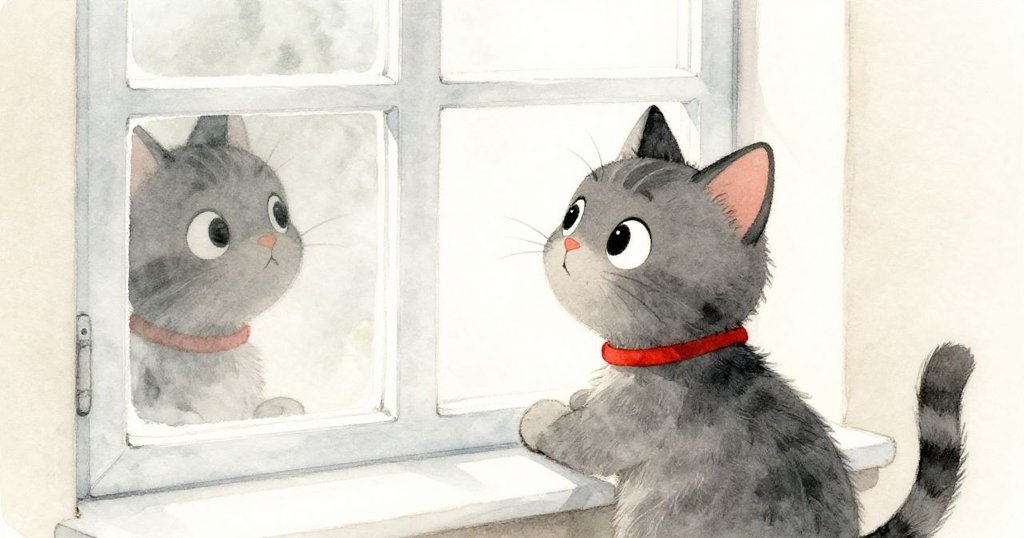 米洛在大框窗前停下，抬頭張望，眼中流露出好奇，光芒在窗玻璃上微微反射，氛圍溫柔。