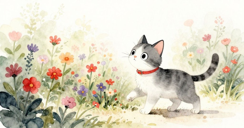 米洛輕輕向左移動，消除了刺眼光線，露出窗外色彩繽紛的花園，充滿生機與和煦光芒。