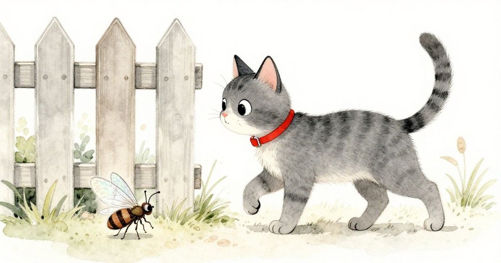 米洛走到花園籬笆的縫隙處，注視著一隻閃光翅膀的小昆蟲在附近緩緩爬行，畫面生動溫和。