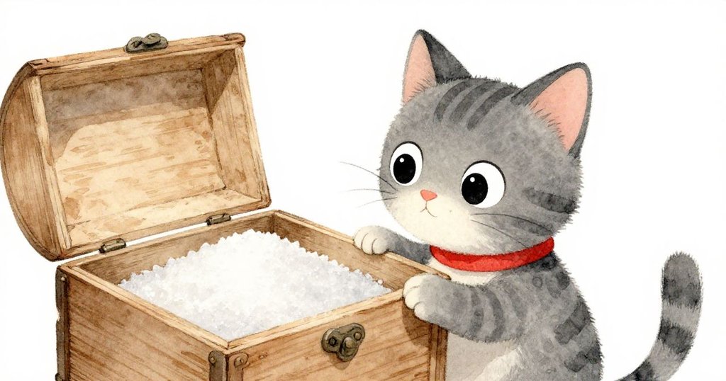 米洛好奇地俯身凝視著一隻古舊木盒，盒上結節微敞露出靜止的白糖，細節描繪精緻而溫柔。