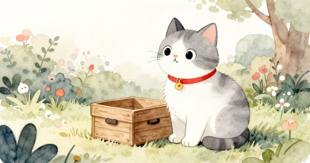 米洛安詳地坐在木盒旁邊，享受柔和陽光與寧靜花園，神情滿足溫馨，故事圓滿結局。