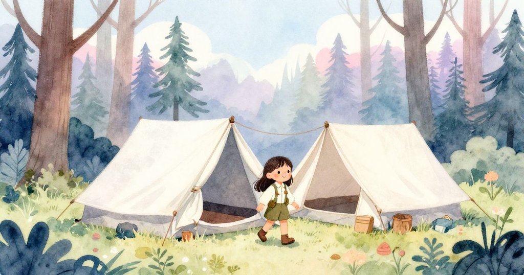 莉娜走出帳篷，在溫暖晨光灑落的森林中邁步前行，臉上流露著期待與平靜的情緒，展開冒險之旅。