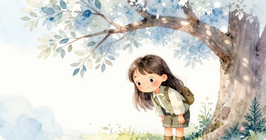 莉娜彎下身子穿過低垂樹枝，光影斑駁映出樹枝細膩紋理，她的臉上流露出專注與堅定。