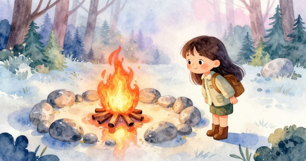 莉娜在開闊的空地上停步觀察石圈中明亮火焰，火花映入旁邊水潭中，眼中滿是好奇與驚喜。