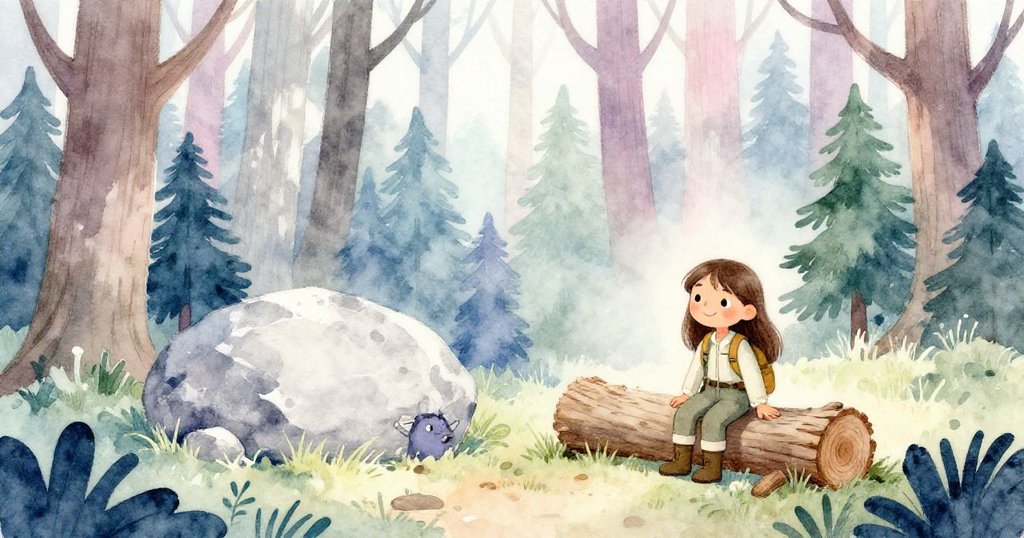 在密林隱蔽的空間中，一個人靜坐在粗糙原木上，環境由高大樹木與寬岩環繞，散發出沉靜神秘氣息。