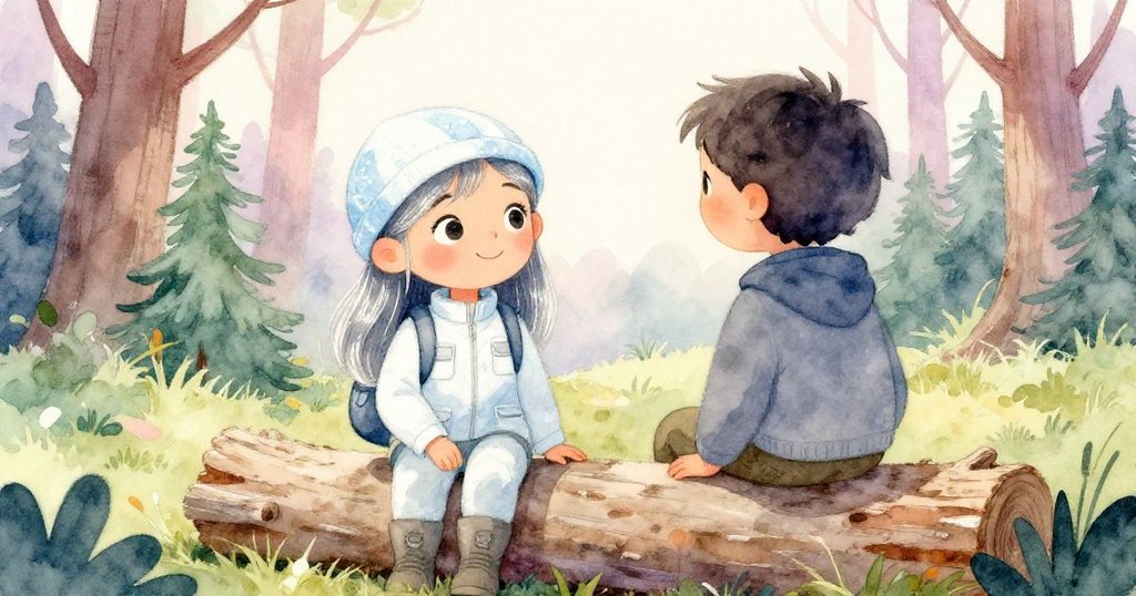 莉娜微笑點頭並揮手向坐在原木上的人打招呼，兩人互動自然溫馨，森林背景散發和諧氛圍。