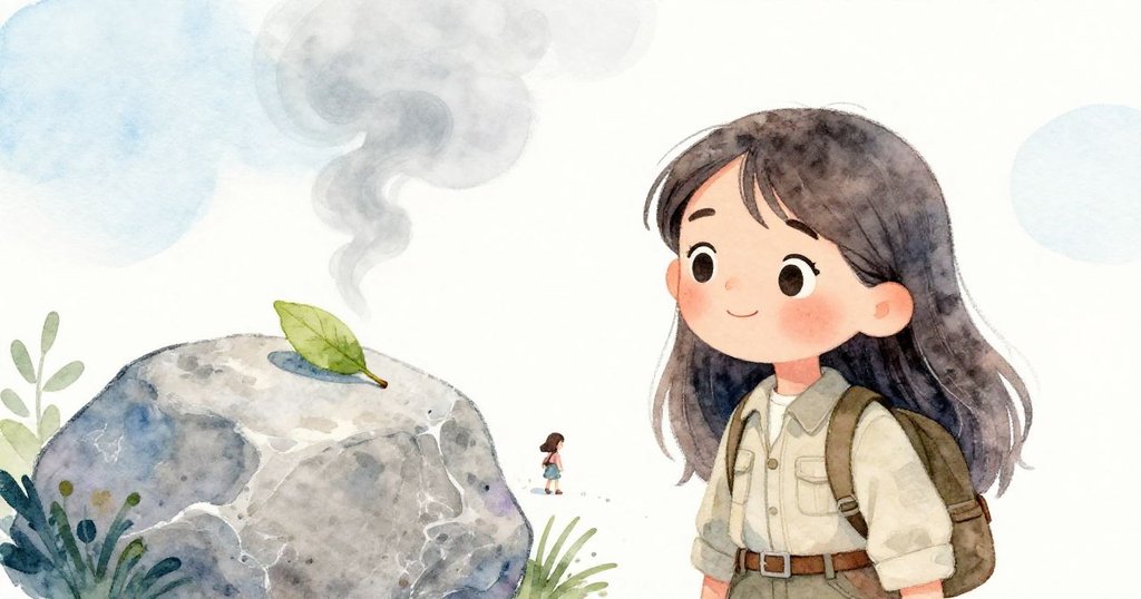 莉娜回到營地時發現石上新鮮綠葉，背景中火堆只留淡灰煙，象徵著新開始與內心反思的溫柔氛圍。