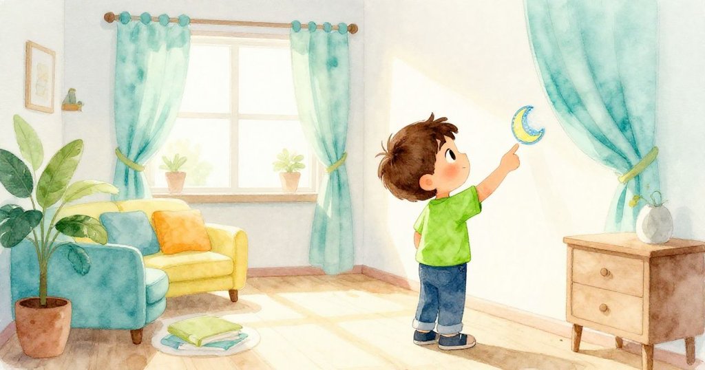 米洛在明亮整潔的房間中持著閃亮月亮貼紙,指向高牆,窗簾隨風輕舞,臉上流露出思索與期待。