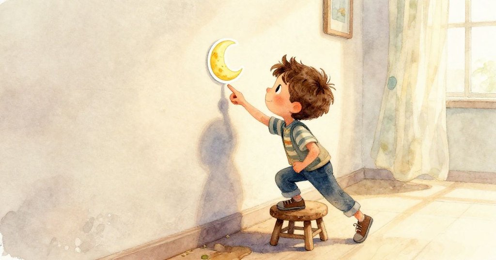 米洛的手輕輕捧著閃亮的月亮貼紙,展現出貼紙細膩的光澤和圓潤形狀,充滿發現的驚喜。