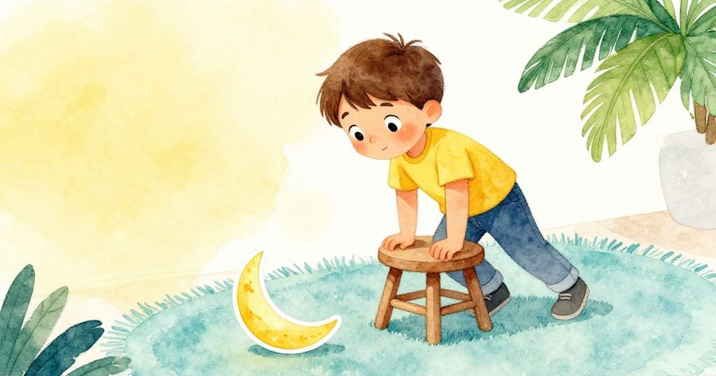 米洛冒險爬上小凳子,牆面近在咫尺,凳子因搖晃而影響平衡,一張貼紙滑落在柔軟地毯上。