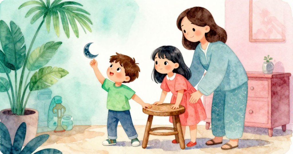 米洛在隱蔽角落撿起貼紙,妹妹從旁伸手幫忙,母親握住搖晃的凳子,家中合作氣氛溫馨動人。