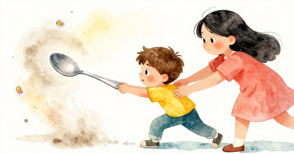 米洛推動貼紙,銀色湯匙迅速滑落引起細塵飛揚,妹妹奮力趕來穩住湯匙,場面充滿急切動感。