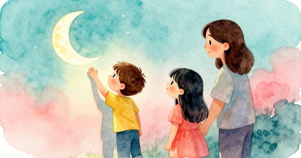 米洛與家人圍觀牆上完美固定的月亮貼紙,柔和光線映照出溫暖成就,象徵團結與滿足的結局。