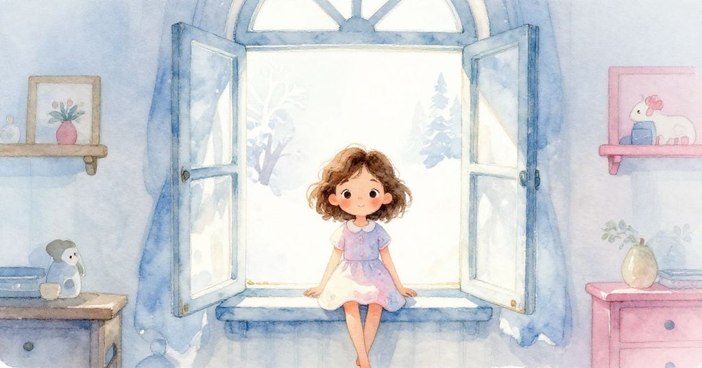 莉娜坐在溫暖的房間中,面對開著的大窗戶,靜靜欣賞窗外美景,呈現寧靜與舒心的氛圍。