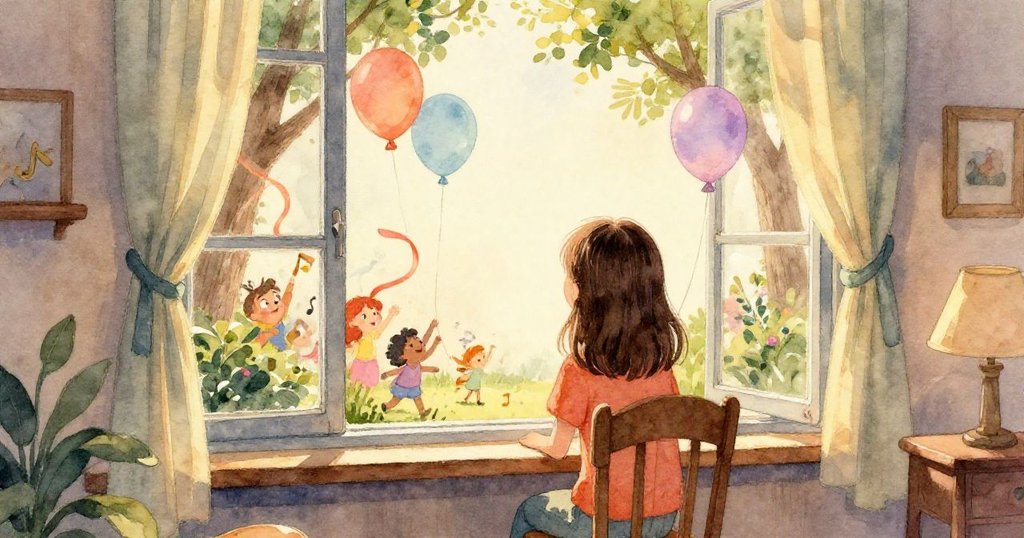 莉娜注視著氣球悄悄滑進房間,懸浮於桌上,彩帶輕觸窗框,營造出細膩而懸念的氛圍。