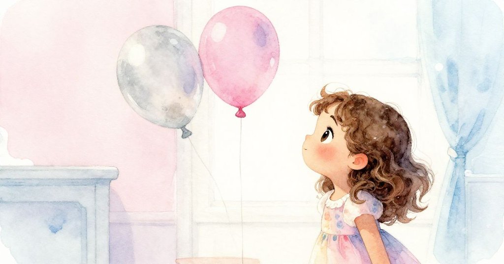 莉娜靜靜看著漂浮在她上方的兩個氣球,室內溫暖與窗外景致交織,象徵著希望、連結與溫柔奇妙。