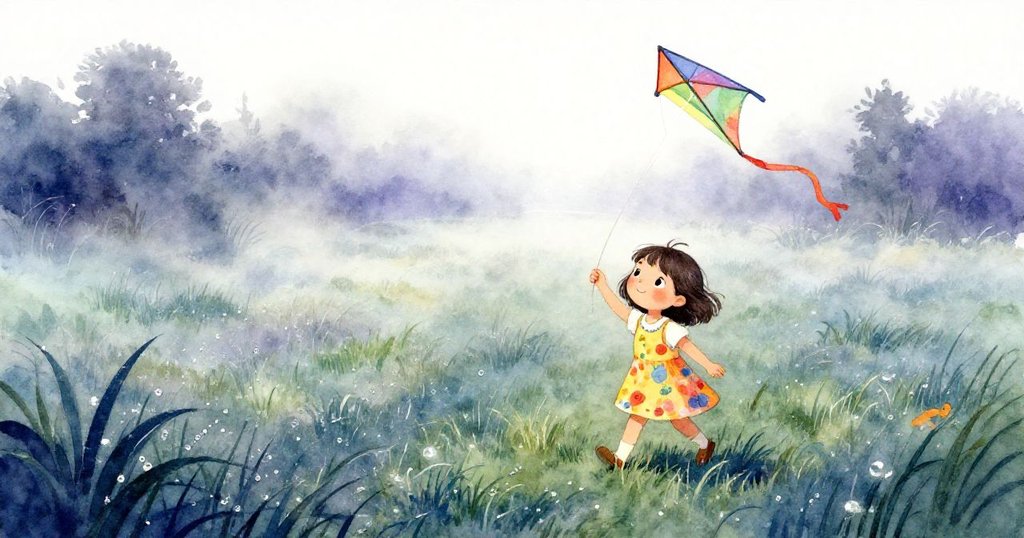 米婭在薄霧覆蓋的草地上行走,背後風箏輕舞,晨光柔和環繞,顯示開始冒險的期待與寧靜。