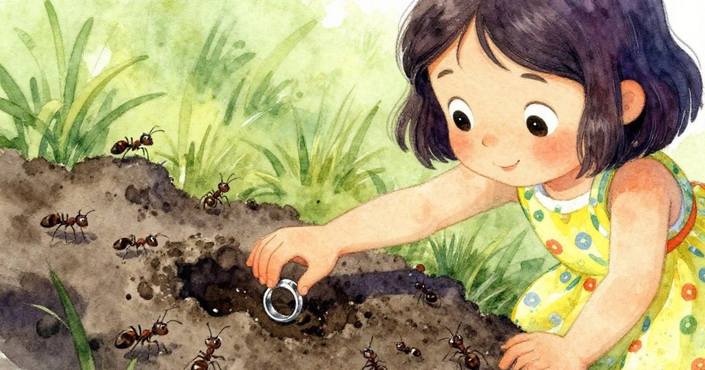 米婭彎腰伸手觸摸泥濘中的銀環,手部動作細膩,周圍有忙碌的螞蟻探索,呈現探索和好奇的氛圍。