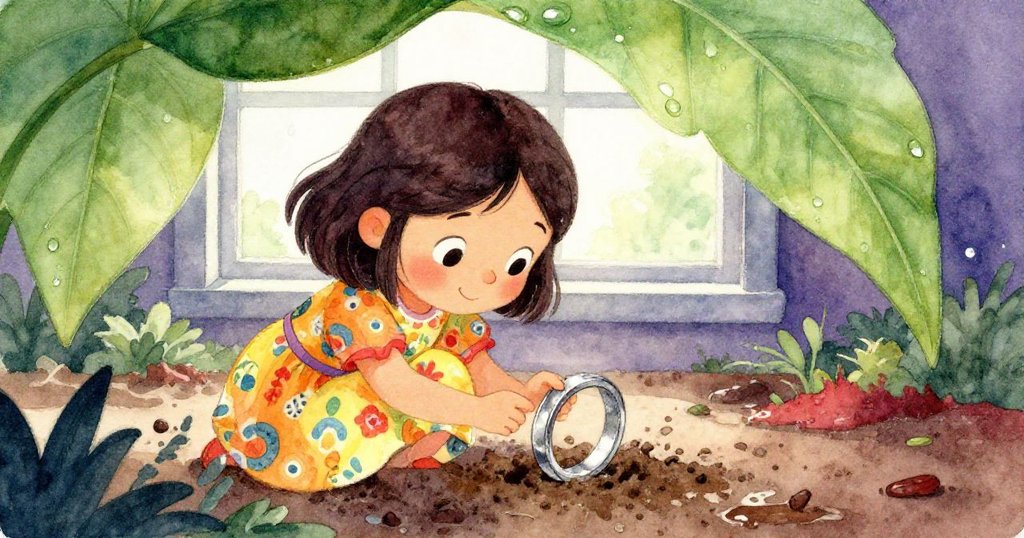 透過沾滿露珠的葉子如窗戶般的自然框架,米婭專注地檢查泥中的銀環,神情堅定細膩,展現深入發現的情感。