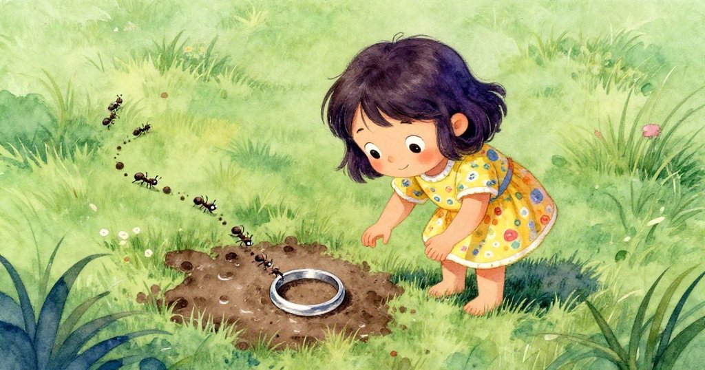 從高處俯瞰廣闊寧靜的草地,米婭彎身專注於拾起發光銀環,螞蟻在柔軟泥地上留下細微痕跡,展示寧靜的探索。