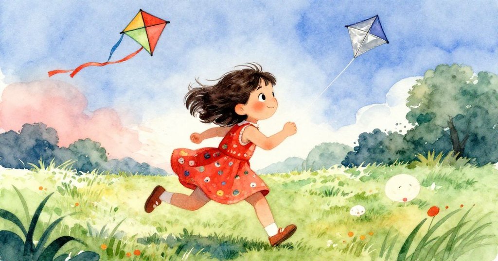 米婭高興地從草地上奔跑,口袋中珍藏的銀環隱約可見,風捲起風箏高升,展現得意與自由的動感情景。