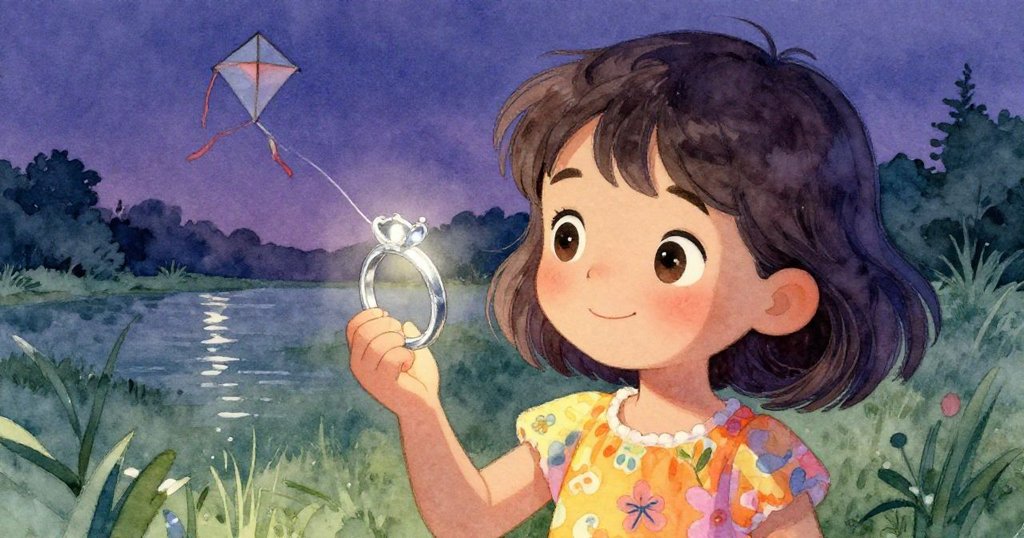 米婭在結束冒險時輕笑著凝視手中發光的銀環,背景風箏在柔和微風中起舞,呈現安心與滿足的氛圍。