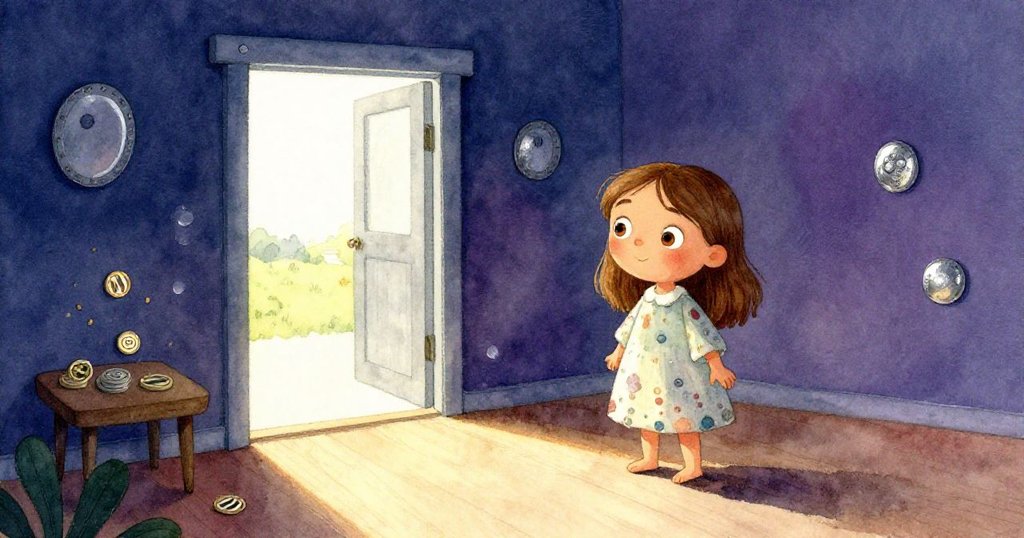 莉娜穿過明亮的門口進入房間，坐在小桌邊，房內充滿溫馨氣氛，她臉上充滿期待與好奇。