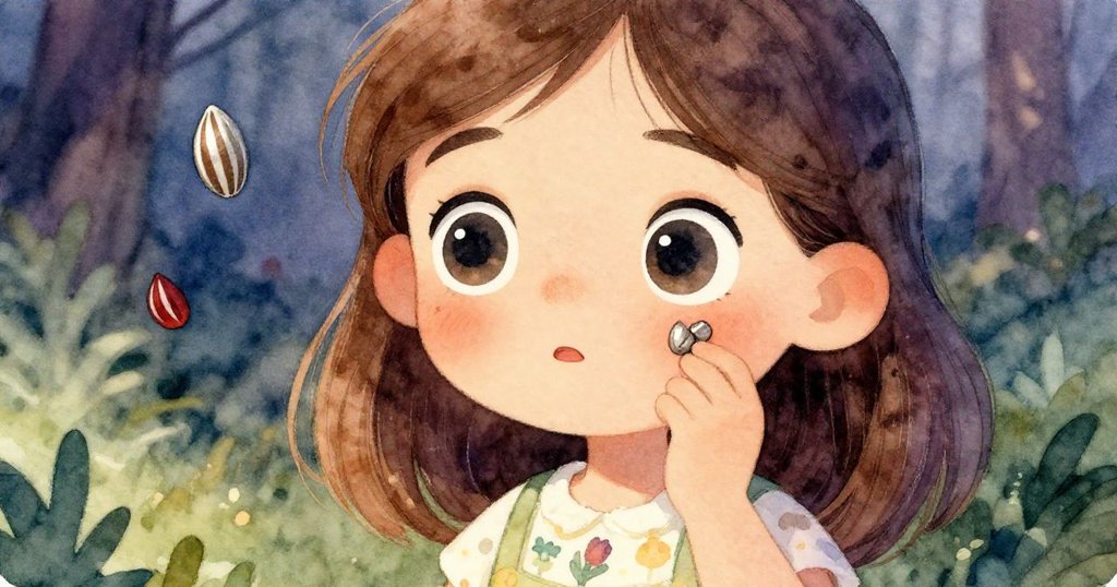 莉娜特寫臉部和眼睛，注視著桌上閃耀的代幣和條紋種子，臉上流露驚奇與期待。