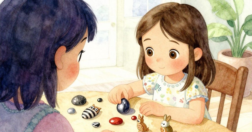 從背後看莉娜，她正用心排列桌上各式代幣，仔細調整高度，專注而親切，展示室內溫馨佈局。