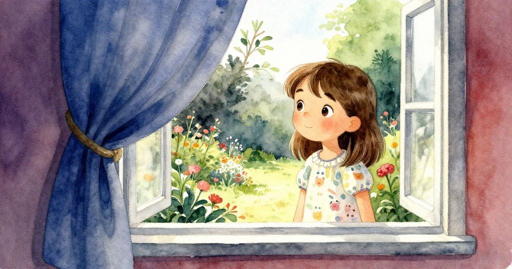 莉娜透過窗戶望向室外花園，窗簾隨風輕揚，溫暖室內與靜謐自然交織，臉上流露柔和好奇。