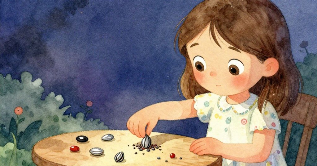 莉娜手中動作果斷，調整代幣位置，將條紋種子滑向兔子旁，同時輕推光滑石頭靠近貓頭鷹，表情驚喜且堅定。