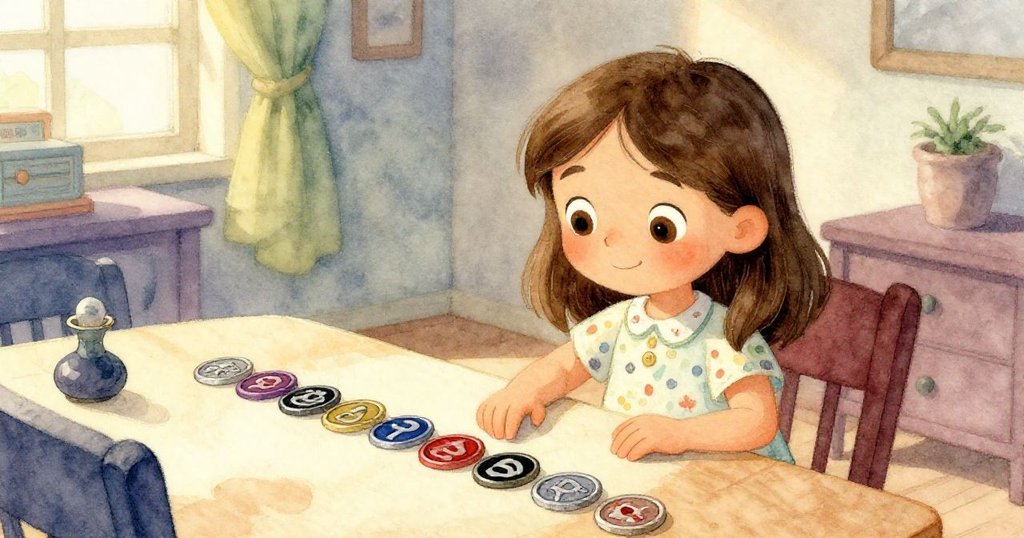 莉娜在整齊排列的代幣前滿懷喜悅地凝視前方，象徵新希望與未來的遊戲冒險，溫馨室內光影柔和。