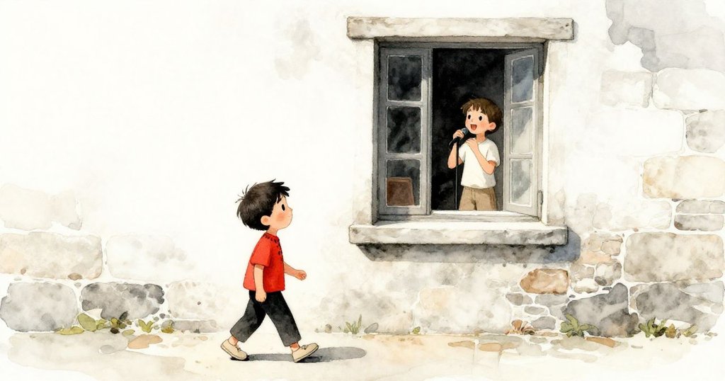 Leo走在石牆旁，溫暖陽光灑落，他朝著大窗眺望，窗內見到初學歌手練習，臉上滿是好奇。