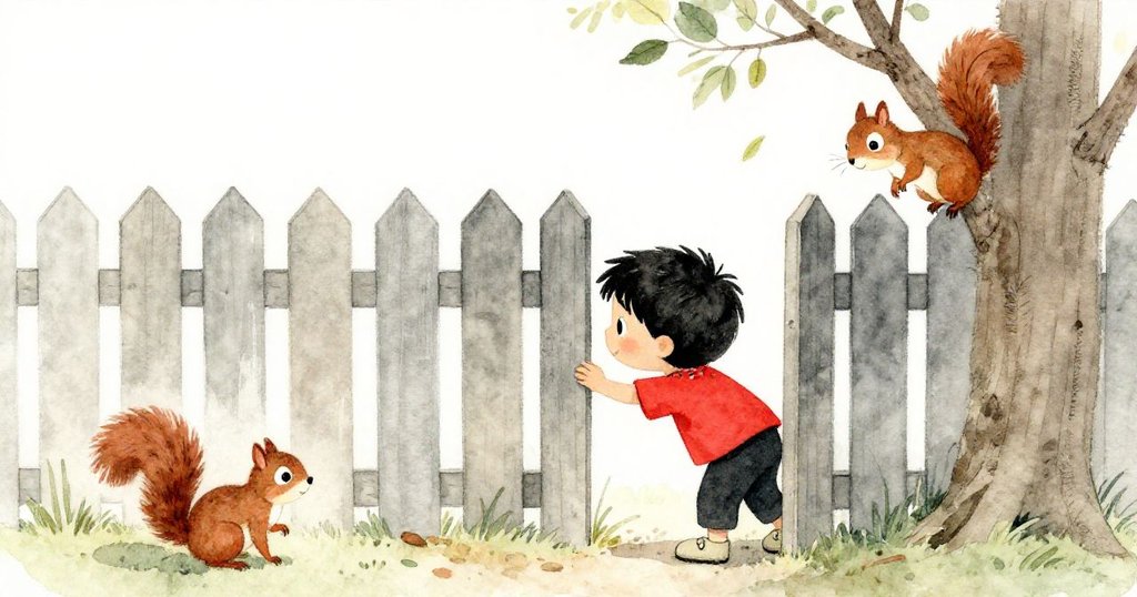 Leo彎腰透過狹縫偷看，高牆旁一隻松鼠正奮力攀爬樹幹，飛舞落葉增添動感，場面充滿生氣。