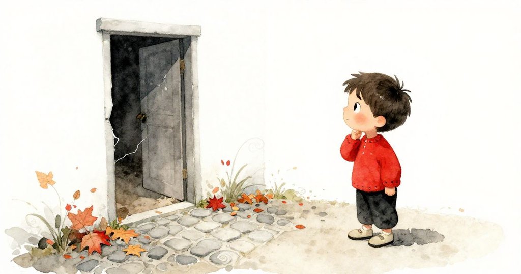 Leo站在破舊門旁凝視狹窄小徑，秋季落葉隨風飄散，背景鵝卵石路面散發溫暖懷舊氣息。